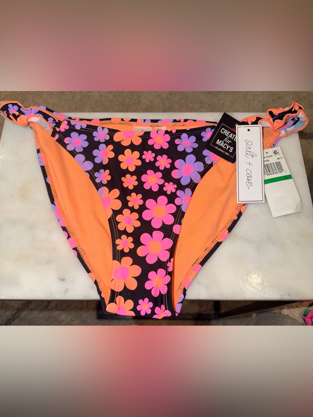 Salt + Cove Black Neon Multi Pink & Neon Orange Floral One-Piece Swim L NWT